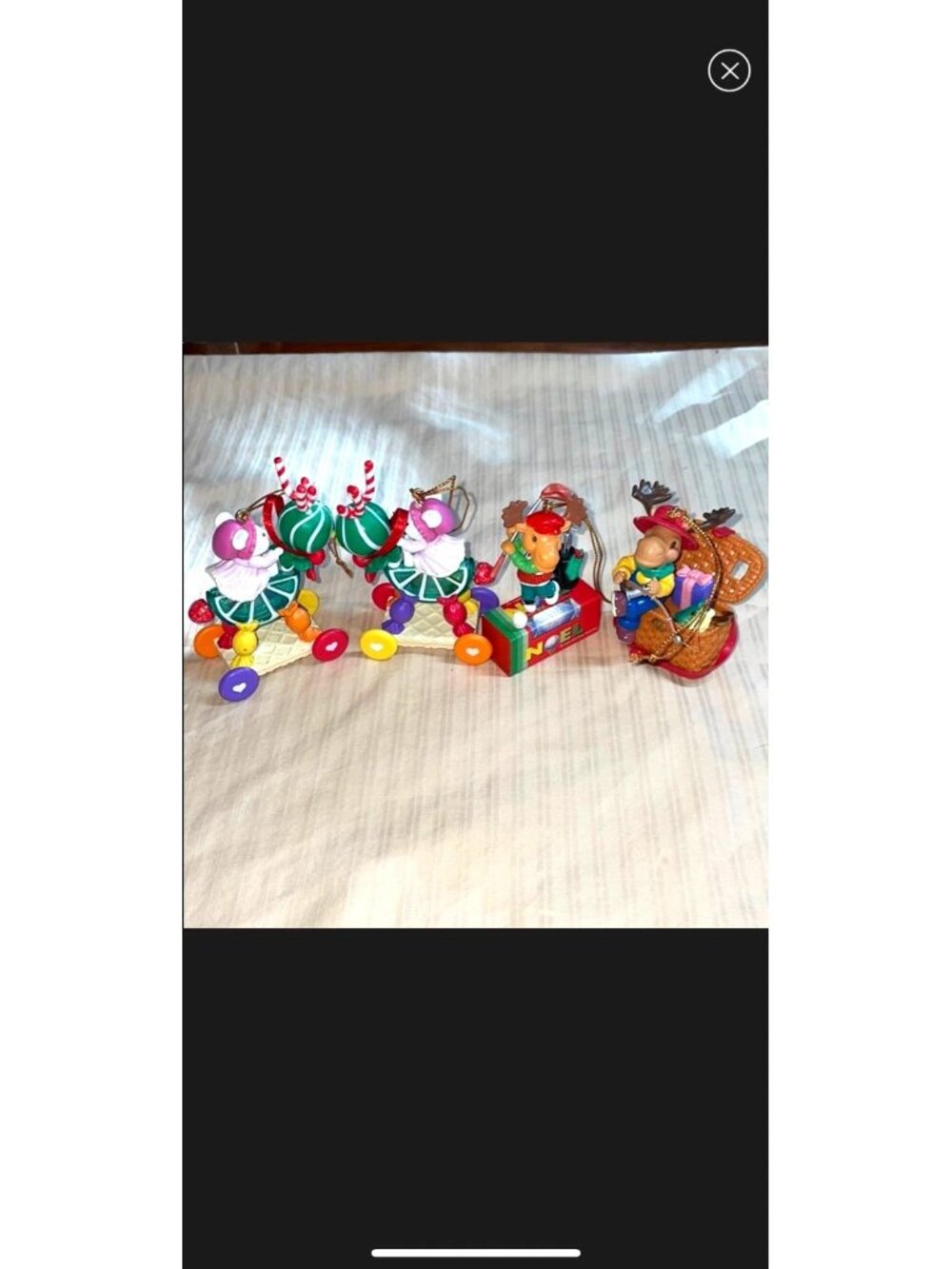 Vintage Lustre Fame Ltd Christmas Ornaments Lot of 4, Mice, Horse, Moose, Fishin